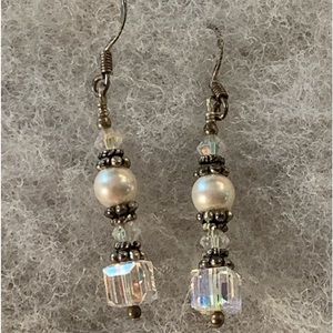 Handmade S925 Sterling Silver Crystal & White Pearl Dangle Earrings, Vintage